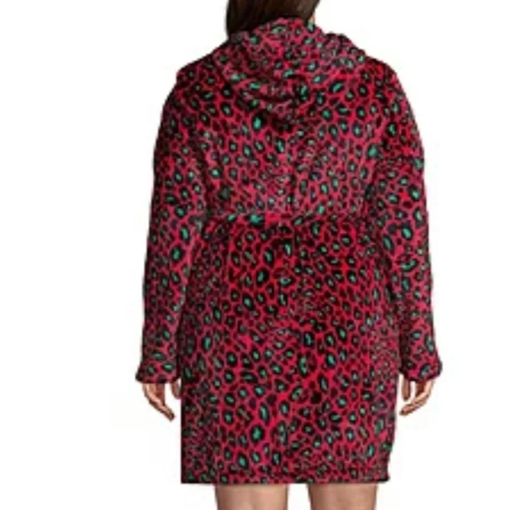 🔥 Sleep Chic NWT Plush Short Robe XXL Red Green Animal Print